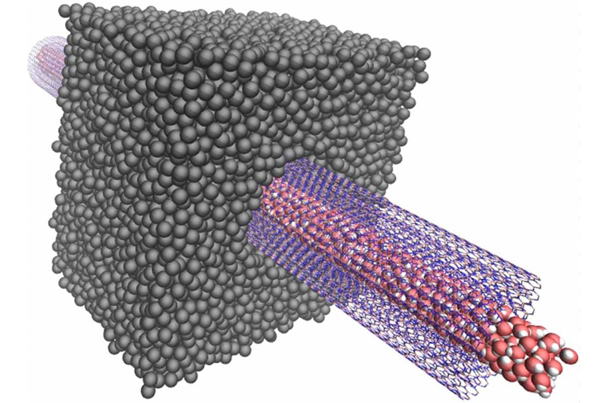 Diagram of the experimental device that sees the osmotic transport of water through a transmembrane boron nitride nanotube (Image: Laurent Joly (ILM))