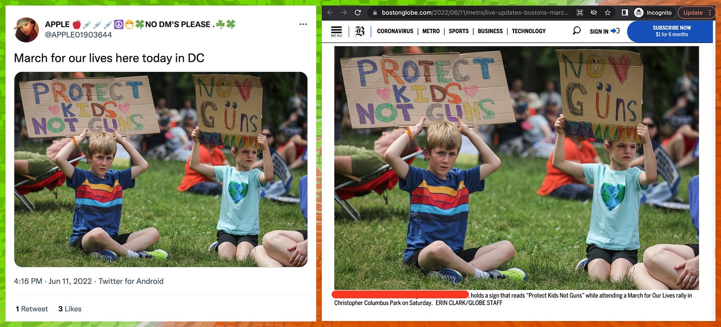 photo that @ APPLE01903644 supposedly took at a DC protest, and a screenshot of a Boston Globe article showing that the photo was actually taken in Boston