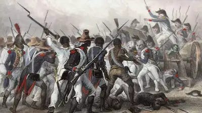 A painting of Haitian rebels fighting French soldiers