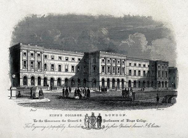 Depiction of King’s College London (one of the founding institutions of University of London) during the Victorian era, engraved during the 19th century. (J.C Carter / CC BY 4.0)