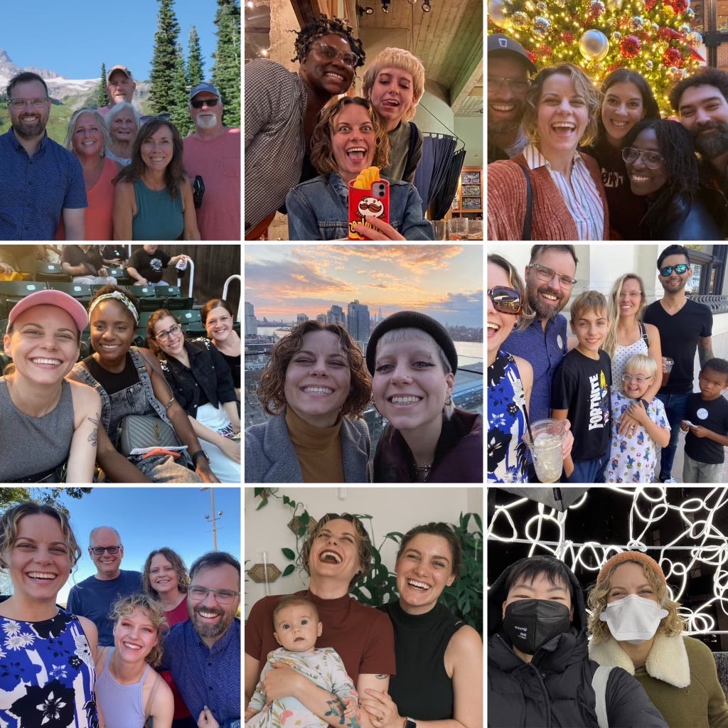 A collage of photos of Leah with friends and family.
