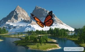 69062975 - butterfly on the background of a mountain landscape - thyroid gland is like a butterfly in the anterior region of the neck.