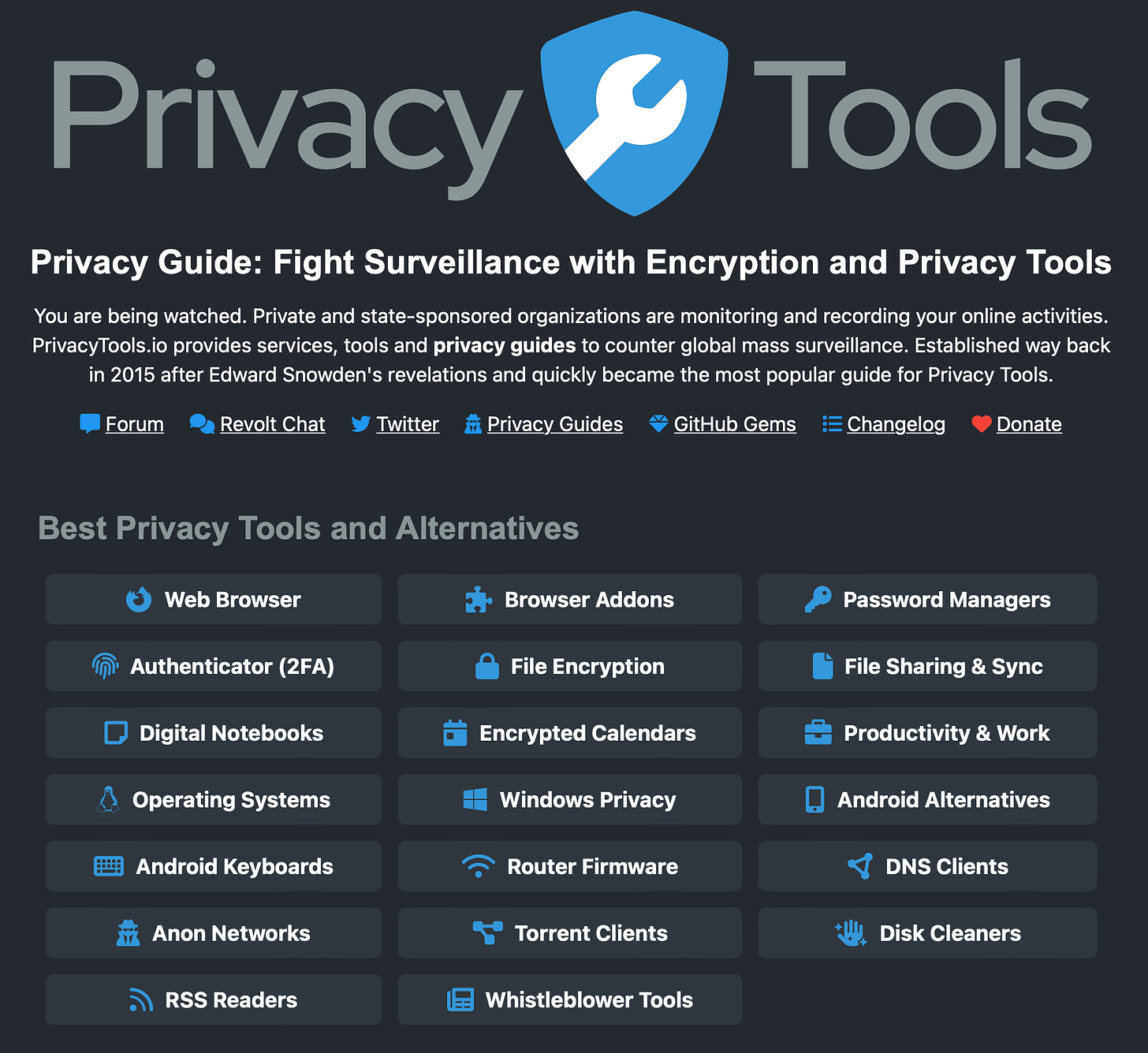 privacy tools list of categories