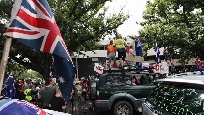 Hundreds of protesters blocked the entrance to the National Press Club ahead of Scott Morrison’s address this week. Picture: NCA NewsWire / Gary Ramage