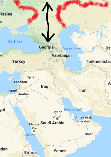 Excuse my awesome MS paint skills. All the Oil in the world is buried on the shores labeled “Persian Gulf”. Red border = Russian border, black arrow is over Russian land and points towards the shortest route to get the Spice to Moscow