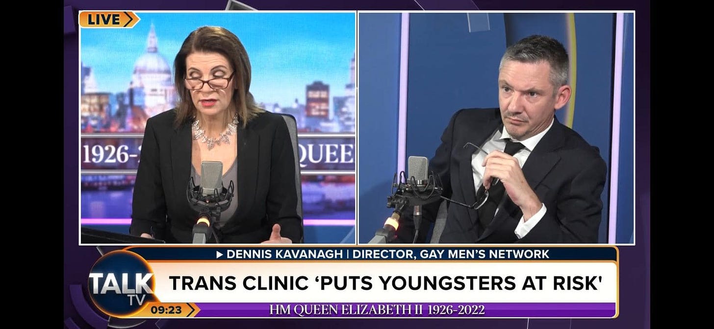 May be an image of 2 people and text that says 'LIVE 926 QUEE DENNIS KAVANAGH DIRECTOR, GAY MEN'S NETWORK TALK TRANS CLINIC 'PUTS YOUNGSTERS AT RISK' 09:23> ELIZABETHII 1926-2022'