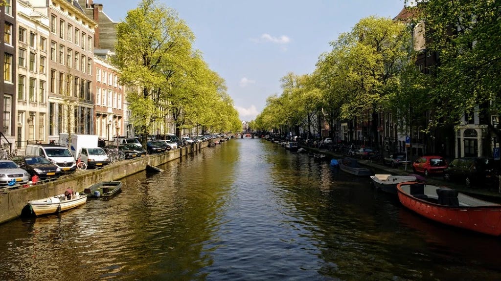 looking down the length of a canal in Amsterdam, with old buildings and leafy green trees on both sides