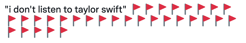 A tweet reading “I don’t like taylor swift” followed by 31 red flag emoji.