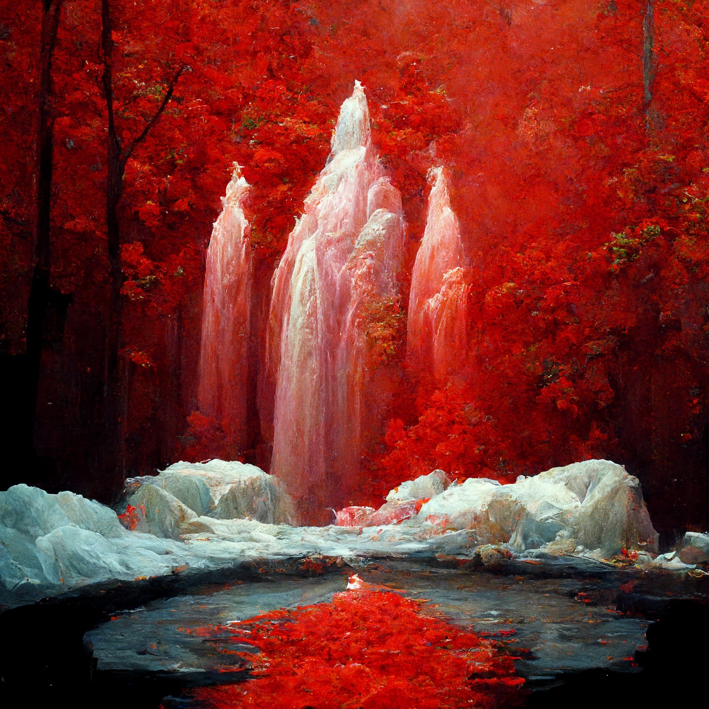 A crystal stream of tears, next to a river of foaming red water 