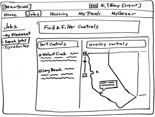 A low-fidelity sketch of the ‘rectangles phase’: this is where the framework is sketched out with controls, panes, toolbars, and more. A map of california is in the right most area, with a menu bar at the top, sub menu on the side, and columns with additional details below