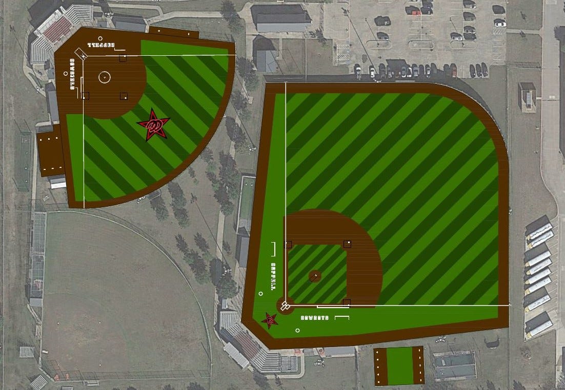 An aerial photo of the baseball and softball stadiums at CHS9, overlaid with a rendering of their future artificial turf