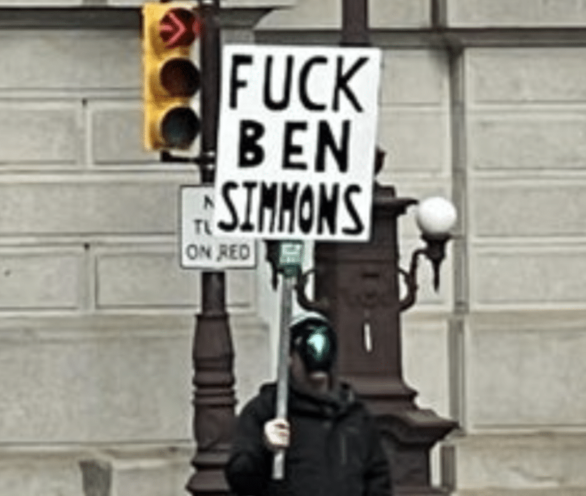 Nothing to See Here, Just a Guy Walking Around Philadelphia with a "F***  Ben Simmons" Sign - Crossing Broad