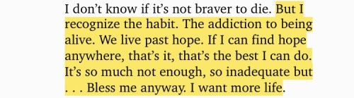 I don't know if it's not braver to die. I recognise the habit. The addiction to being alive. We live past hope. If I can find hope anywhere, that's it, that's the best I can do. It's so much not enough, so inadequate, but ... Bless me anyway. I want more life.