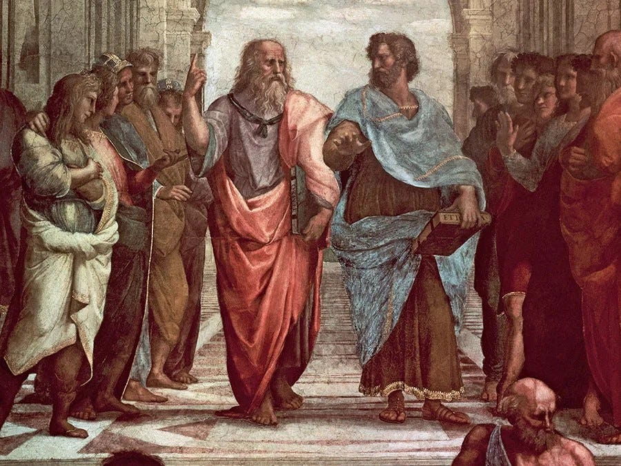 Raphael Sanzio’s School of Athens is illustrated with Plato in motion, pointing towards the higher realm of ideas while holding his Timaeus contrasted with the opposing paradigm of Aristotle, stationary in his position with his palm down to the earthly domain holding in his other hand his Nicomachean Ethics