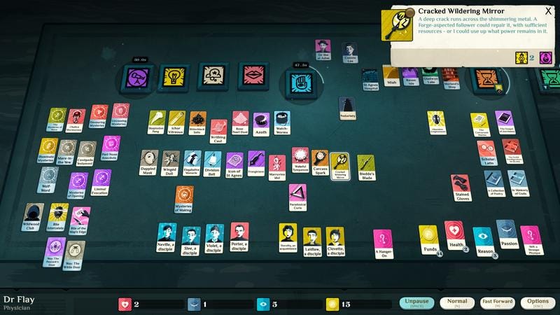 A colourful tableau of cards are arranged on a virtual table.
