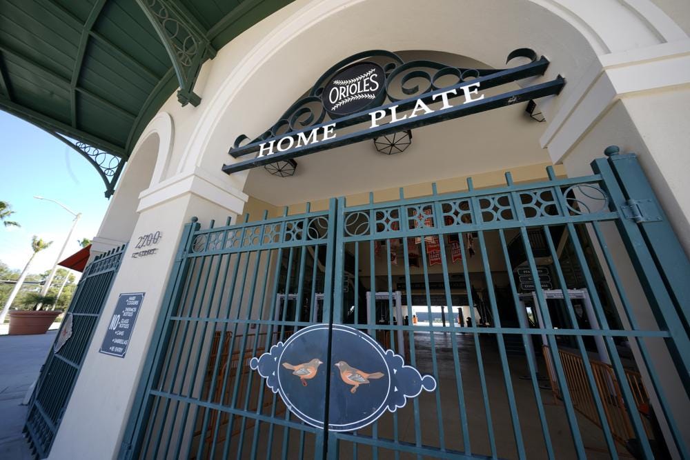 With the Major League Baseball Grapefruit League schedule on hold, Ed Smith Stadium, the Spring home of the Baltimore Orioles, is empty on Sunday, Feb. 27, 2022 in Sarasota, Fla. (AP Photo/Gene J. Puskar)