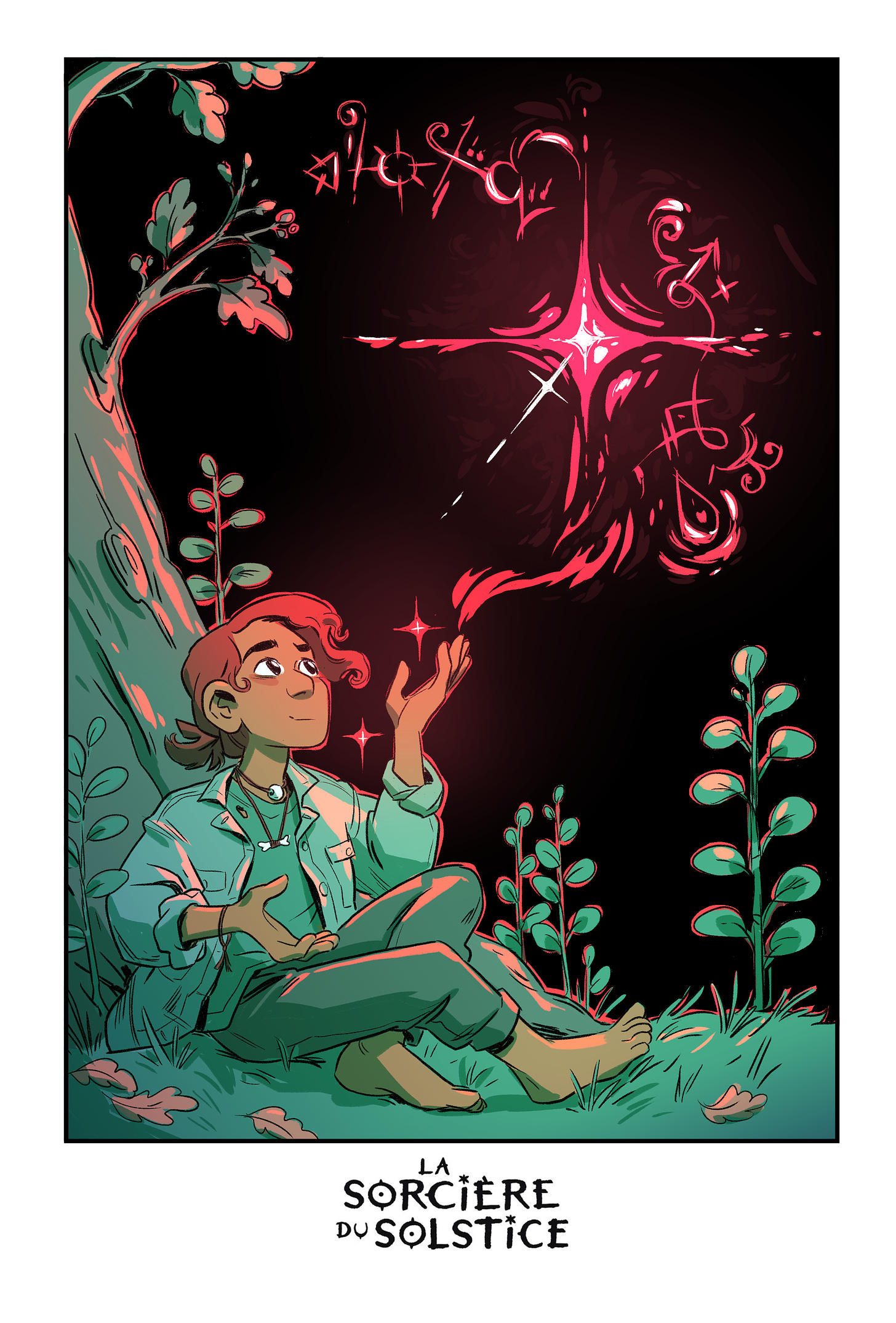 an illustration of Aster, the witch boy, sitting next to a tree casting a spell