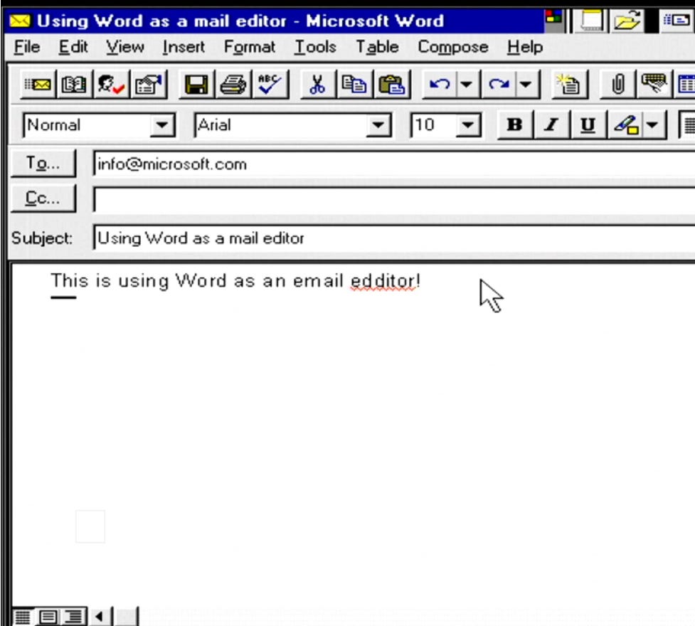 Shows an email message being edited using word with red squiggles