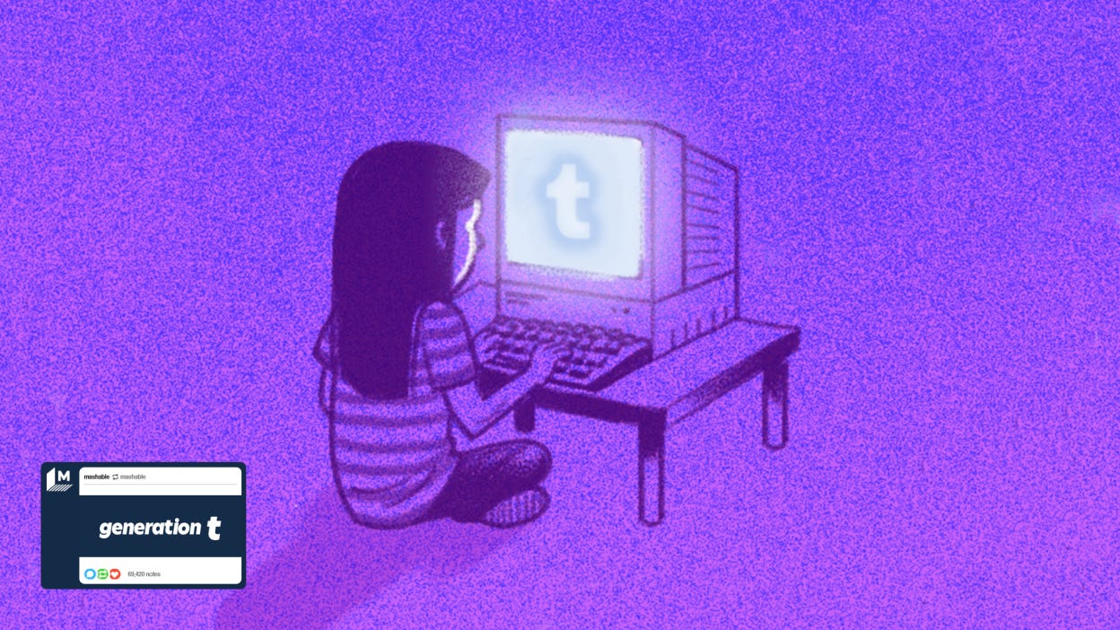 A girl sits at a computer screen glowing with the Tumblr logo.
