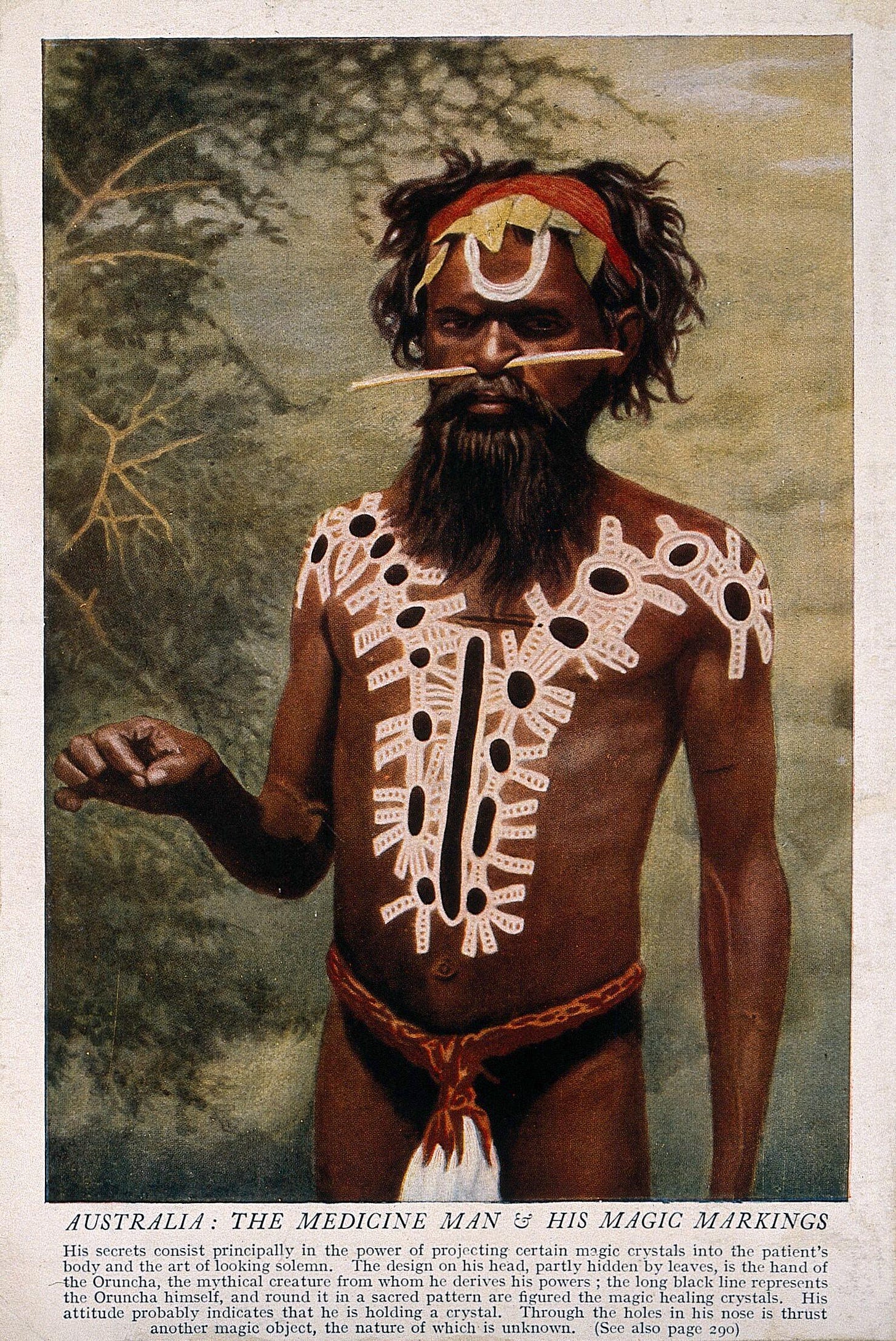 A shaman or medicine man with extensive body painting and nose stick,  Australia. Colour process print. | Wellcome Collection