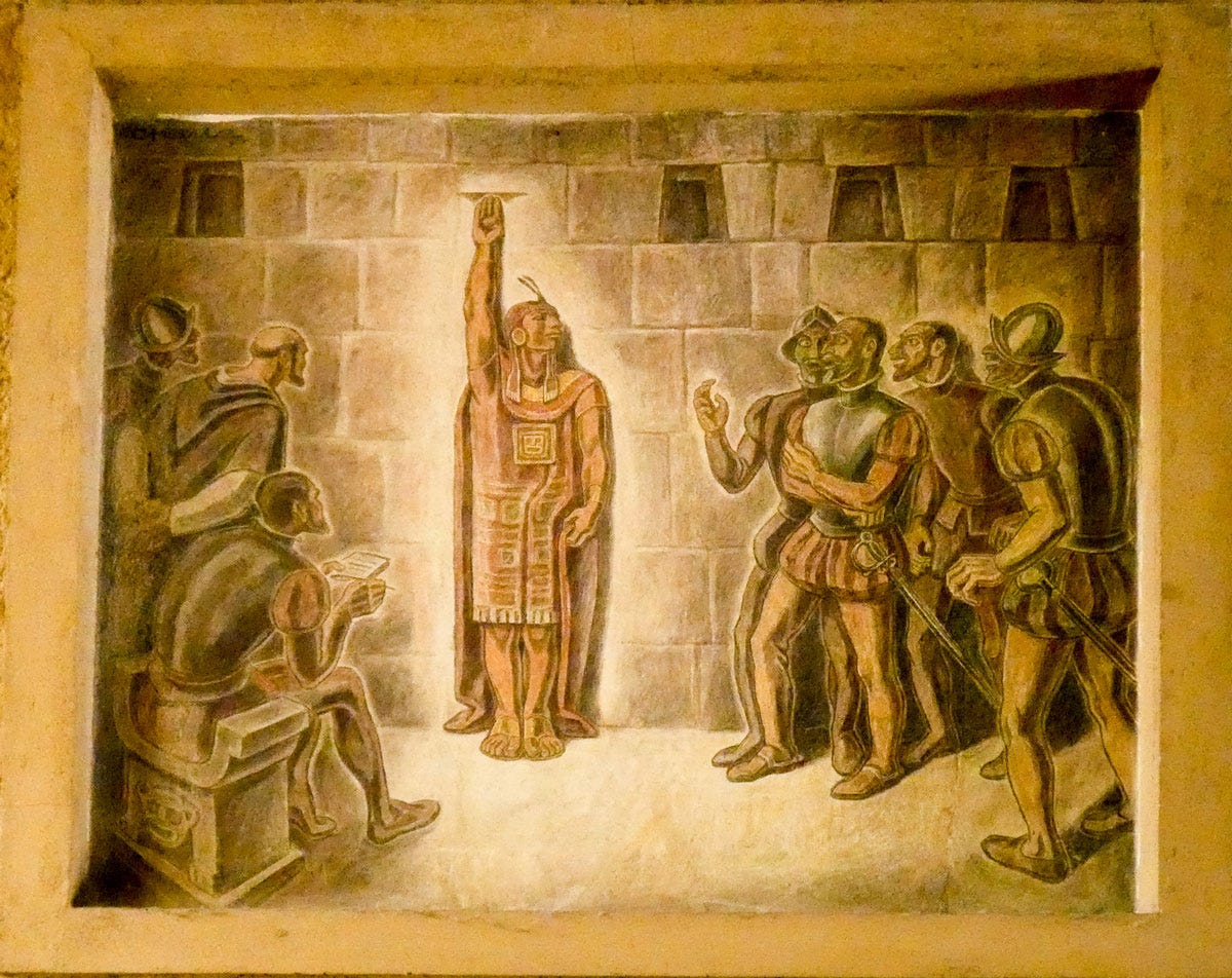Atahualpa mostra agli spagnoli la quantità d'oro disposto a scambiare con la sua libertà - Foto: BluesyPete - CC BY-SA 3.0 Atahualpa mostra agli spagnoli la quantità d'oro disposto a scambiare con la sua libertà - Foto: BluesyPete - CC BY-SA 3.0