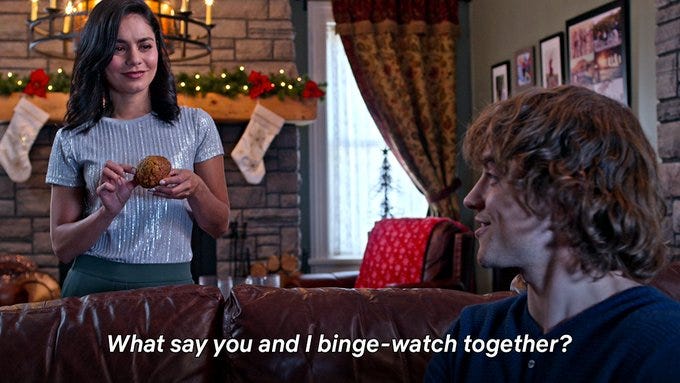Sir Cole in The Knight Before Christmas saying "What say you and I binge-watch together?" to Vanessa Hudgens