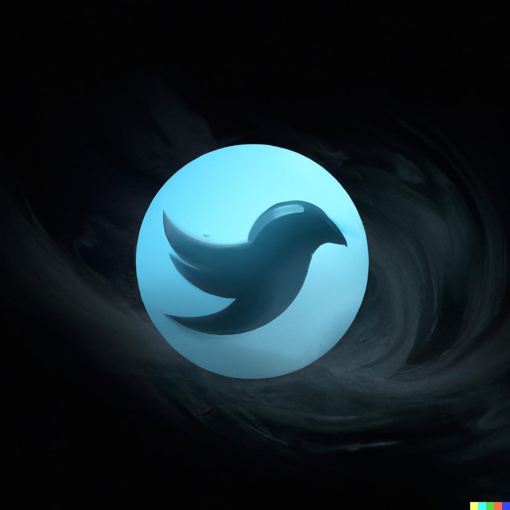 ‘Twitter logo in a hurricane, digital art’ / DALL-E