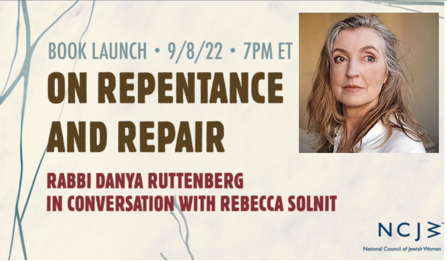Image of On Repentance and Repair Danya Ruttenberg in conversation with Rebecca Solnit and a picture of Rebecca 