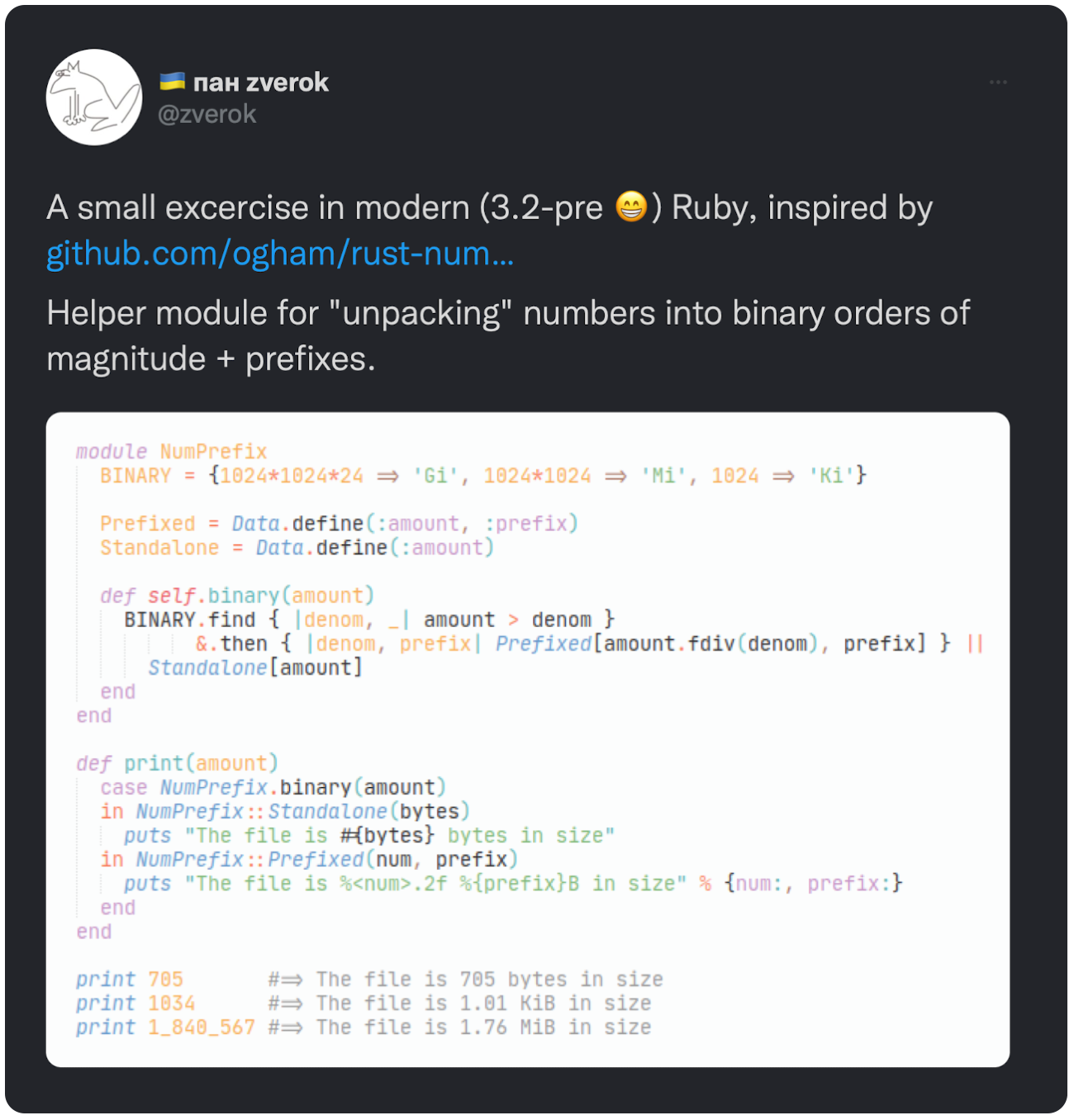 A small excercise in modern (3.2-pre 😁) Ruby, inspired by https://t.co/wQora4Iidj Helper module for "unpacking" numbers into binary orders of magnitude + prefixes