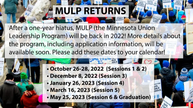 a graphic with details about the Minnesota Union Leadership Program. Text overlays a crowd of striking teachers wearing blue hats and carrying signs