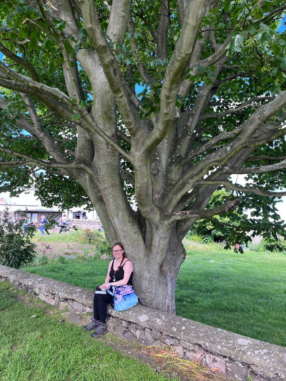 A white woman with long brown hair and glasses sits on a stone wall with her back against a thick old tree in the grounds of Lindisfarne Priory, Northumberland.