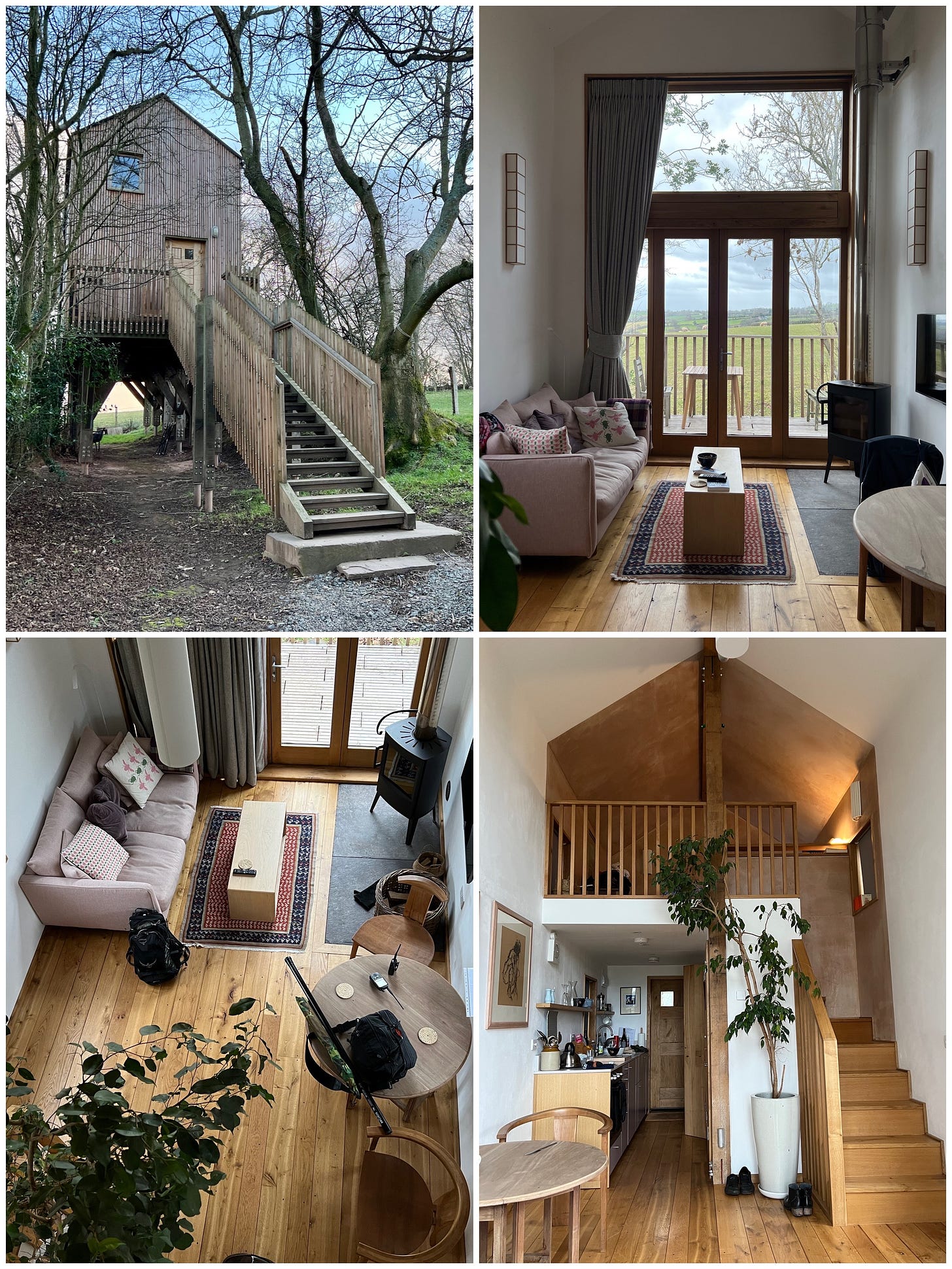 four photos in one showcasing a contemporary cabin on stilts in the trees. Some photos show the interior including oak woodwork and a woodturning stove. The bed room is on a mezzanine and the bathroom is tucked away next to the kitchen.