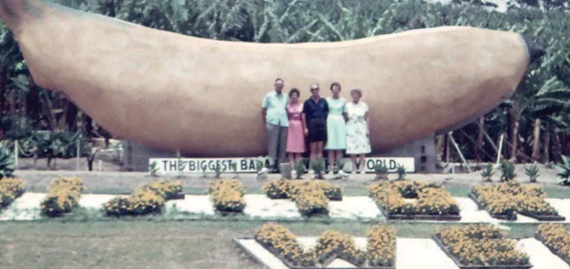 Five adults in '60s attire stand in front of a landmark - a 25-foot-long plaster banana in a plantation