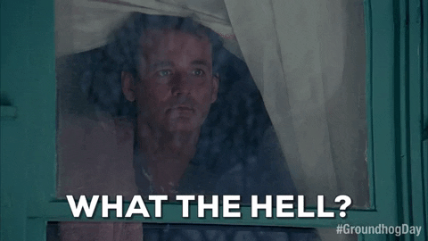 A GIF of Bill Murray in the the movie Ground Hog Day with white text that says "What the hell" in all caps
