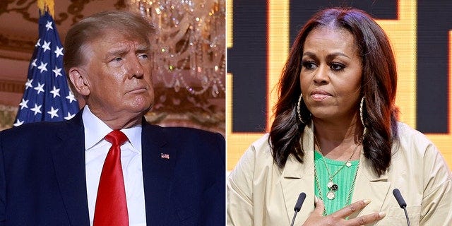 Former President Donald Trump on Nov. 15, 2022, in Palm Beach, Florida and Michelle Obama on June 13, 2022, in Los Angeles.