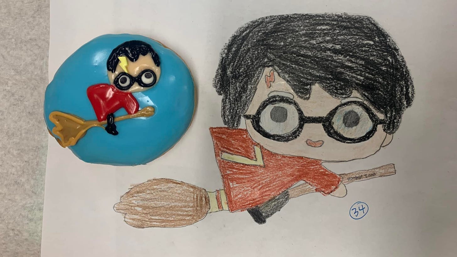 A drawing of Harry Potter and a matching donut