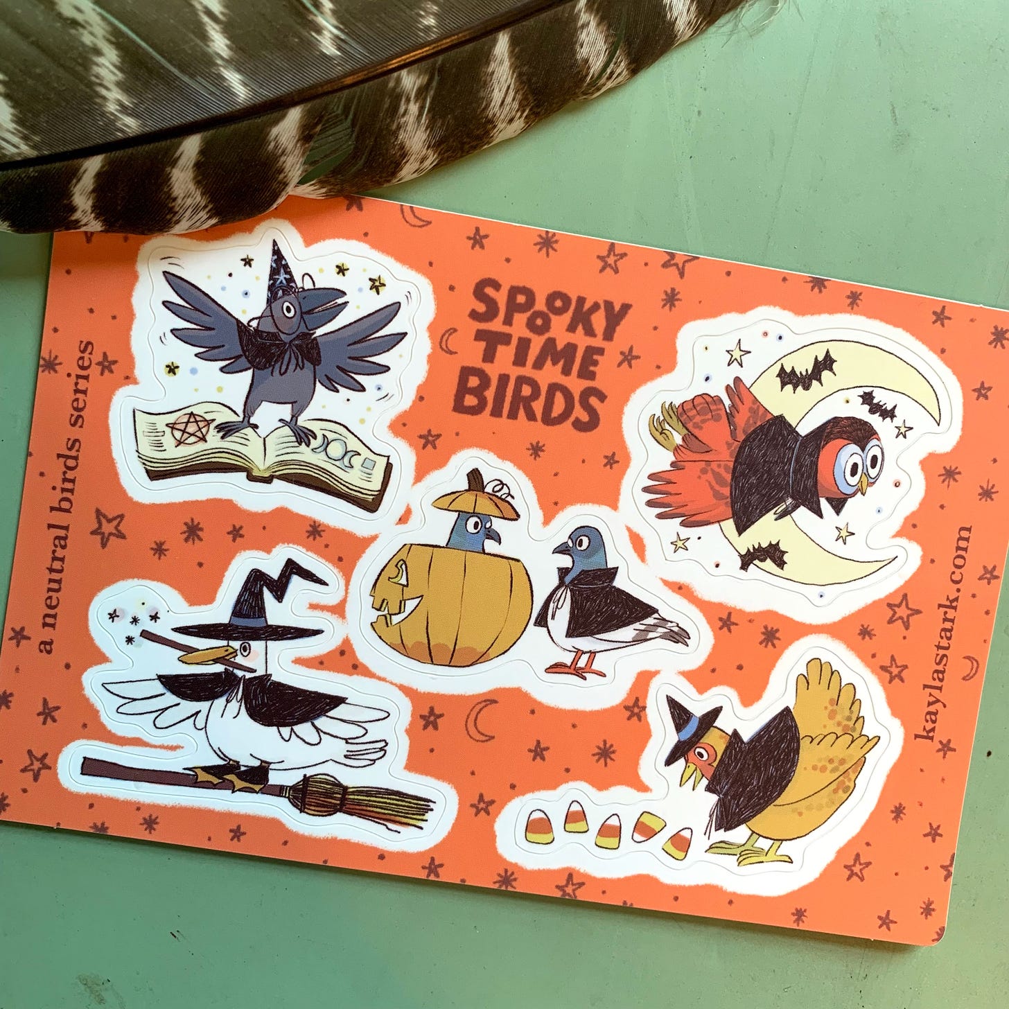 finished printed sticker sheet, halloween birds, spooky time birds, illustration, kayla stark