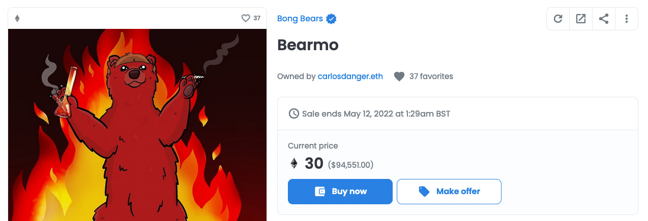 A "Bong Bear" NFT entitled "Bearmo", for sale for 30 ETH on OpenSea