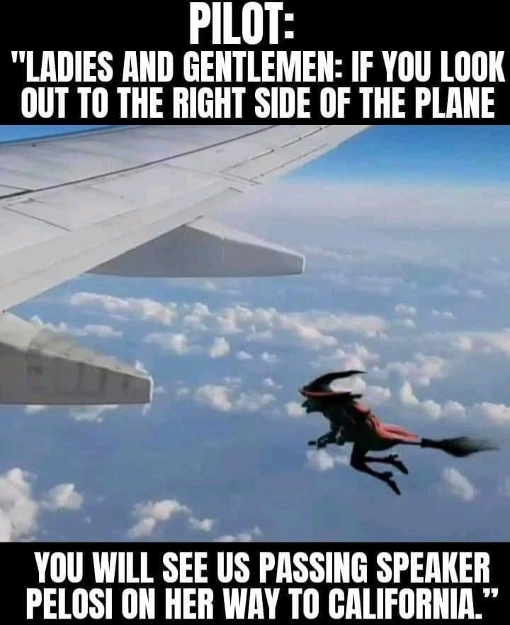 May be an image of text that says 'PILOT: "LADIES AND GENTLEMEN: IF YOU LOOK OUT TO THE RIGHT SIDE OF THE PLANE YOU WILL SEE US PASSING SPEAKER PELOSI ON HER WAY TO CALIFORNIA."'