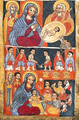 Ethiopian icon in shades of gold, orange, and blue. The image shows scenes from the infancy of Jesus, including the Wise Men bearing gifts before the Mother and Child