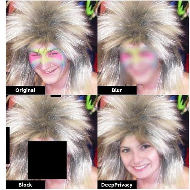 Three ways to anonymize a human face: by bluring, blocking and by using deepfakes. NOte that in this case the face also changes gender.