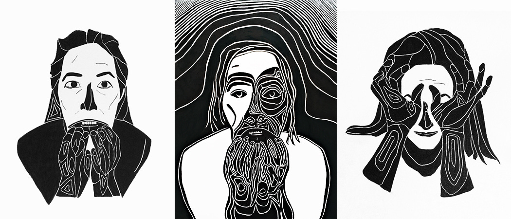 three black and white ink drawings by Miju Han, titled “Broken Brain.”