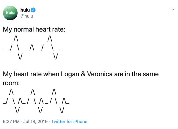 screenshot of Hulu tweet depicting a normal heart rate and then a wild one for when Logan and Veronica are in the same room