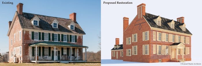 An existing brick build is on the left, which is in need of repairs. A conceptual render, which shows the intended improvements, is modeled on the right, with new bricks and a replacement of some existing features.