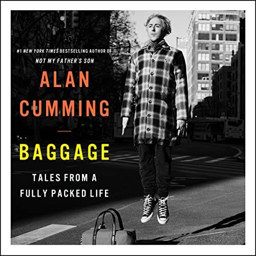The cover of the audiobook of Baggage. There is photo of Cumming imposed on top of a city street with buildings in the background, so it looks like he is floating a few inches above the ground.