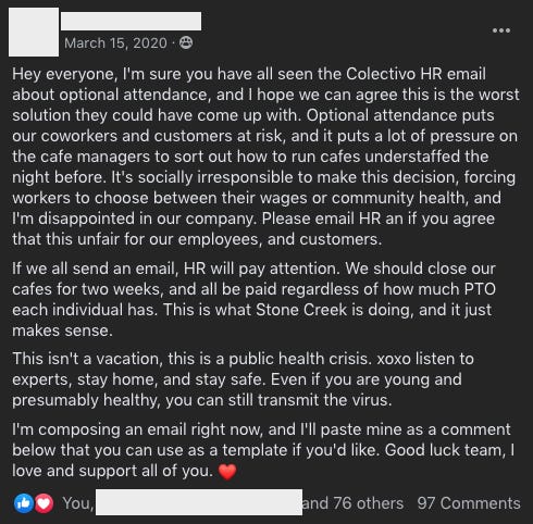 A Facebook post by another Colectivo worker to coworkers about emailing HR their concerns about the pandemic.