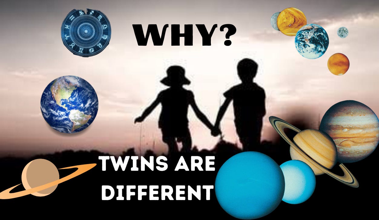 The image is part of the article titled Twins differ from each other, WHY? जुड़वा बच्चे अलग क्यों होते हैं? Two kids in silhouette are shown surrounded by nine planets. The article including podcast is published at rationalastro.org by Anish Prasad