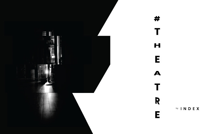 A black-and-white publicity poster. The left half of the poster features an image of staircase on the Esplanade Theatre stage. The right side of the poster, with a white background, features the text #THEATRE by INDEX