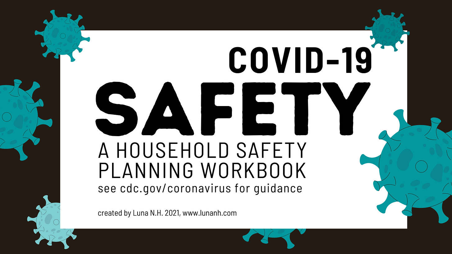 A dark purple circle with COVID-19 virus in teal floating around. The text reads: COVID-19 Safety: A household safety planning workbook. See cdc.gov/coronavirus for guidance. created by Luna N.H. 2021 www.lunanh.com