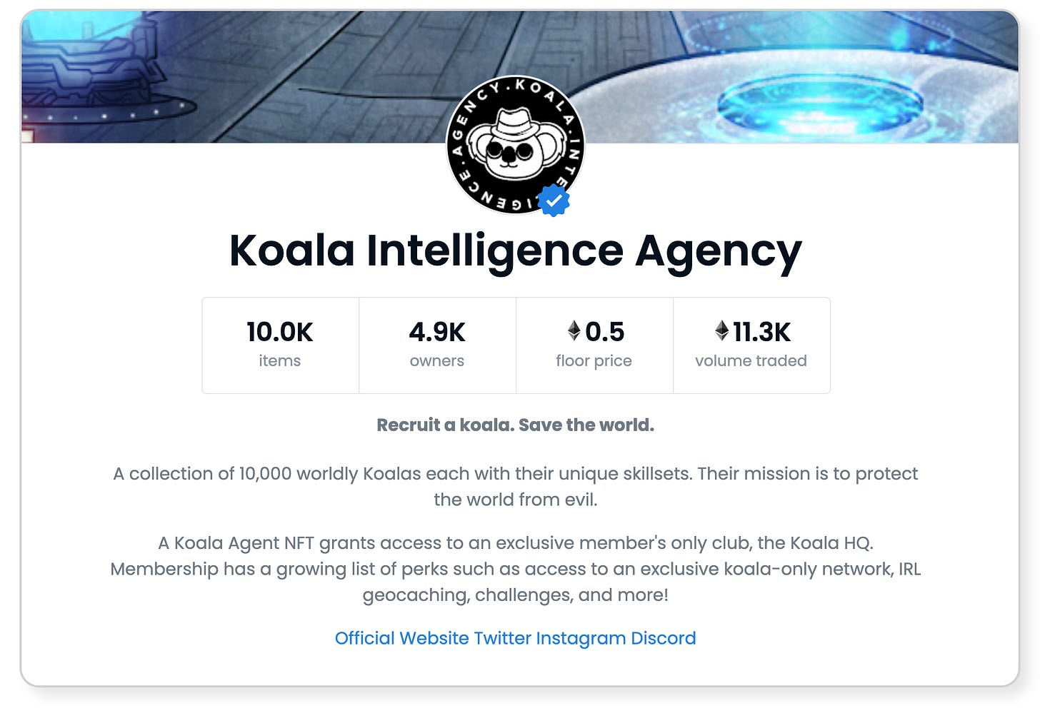 Screenshot of the Koala Intelligence Agency's profile page on the OpenSea marketplace